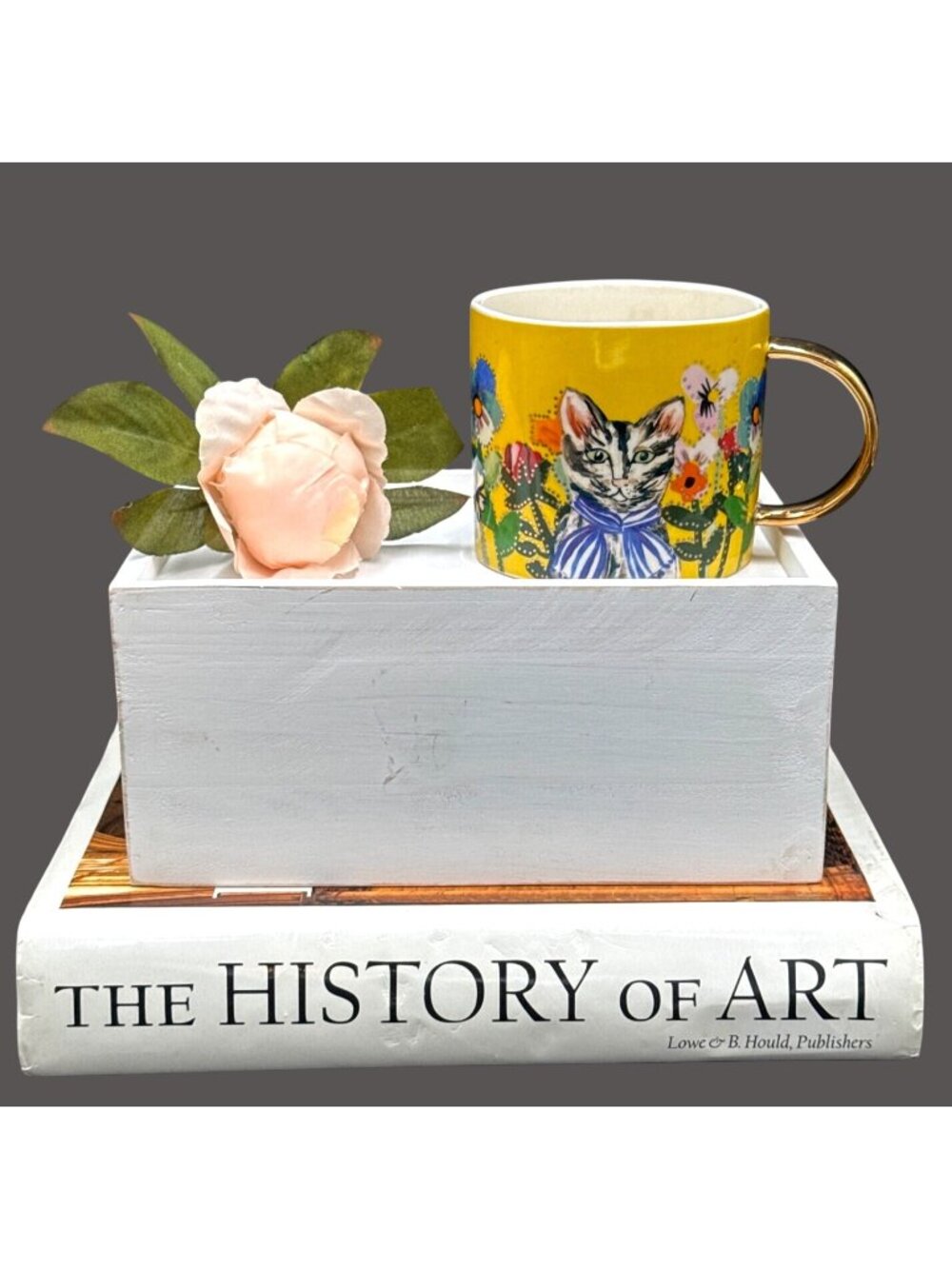 Anthropologie by Francesca Kaye Floral Mug. Cat Design & Gold Handle